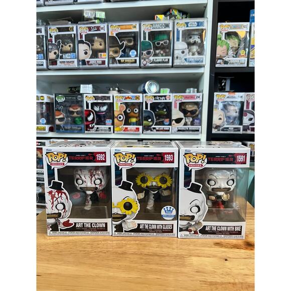3 Terrifier Funko Pops EXC Art Clown Glasses Bloody 1593 1591 1592 Horror Movie - Picture 1 of 1